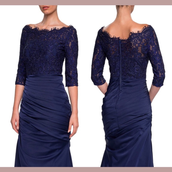 NWT $608 La Femme [ 10 ]‎ Sparkle Lace Trumpet Gown in Navy Blue - Picture 2 of 15